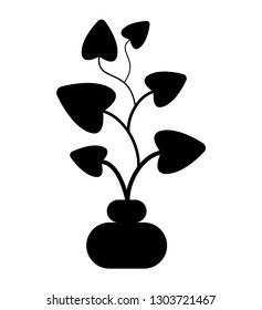 Indoor plant in pot with thin stem and big leaves black silhouette isolated vector object. Domestic potted greenery and vegetation, foliage, botany. Black color on white background
