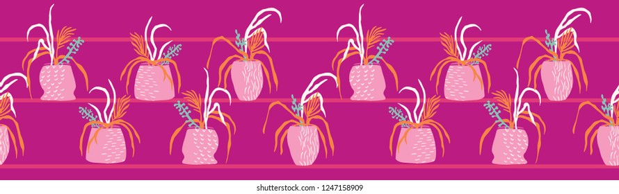 Indoor Plant Pots Seamless Vector Border. Hand Drawn Paper Cut Leaves in Cute Flowerpots. Boho Scandi Style Illustration for Trendy Textile Fashion Trim, Potted Houseplant Packaging, Garden Washi Tape