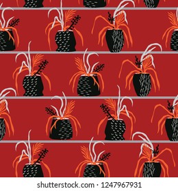 Indoor Plant Pots Seamless Vector Pattern. Hand Drawn Paper Cut Leaves in Cute Flowerpots. Boho Folklore Style Illustration for Trendy Textile Fashion Prints, Potted Houseplant Packaging, Florist Wrap