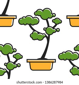 Planta interior patrón sin fisuras árbol bonsai símbolo japonés vector vegetación oriental botánica de especies biológicas en maceta textura interminable tradición Japón cultivo y cultivo impresión de papel pintado viaje