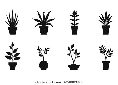 Indoor Plant Silhouette Elements for Vector Illustration Projects, Minimalist Vector Icons of Potted Plants in Black and White