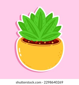 Indoor plant sticker character. Vector hand drawn cartoon kawaii character illustration icon. Isolated on pink background Indoor plant sticker character