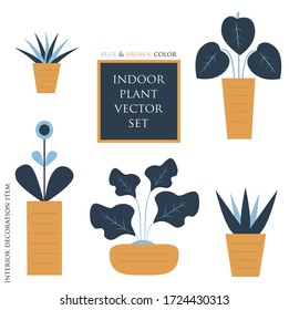 Indoor plant vector in blue and brown color. Interior decoration items.