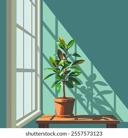 Indoor Plant Vector Design, plant in side of the Window, sun rays comes to the outside, beautiful plant illustration