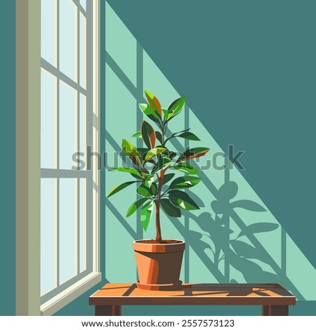 Indoor Plant Vector Design, plant in side of the Window, sun rays comes to the outside, beautiful plant illustration