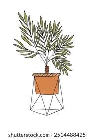 Indoor plant vector illustration. House plant in hand made pot and planter. Exotic flower with stems and leaves. Botanical outline hand drawn element for interior design isolated on white background.