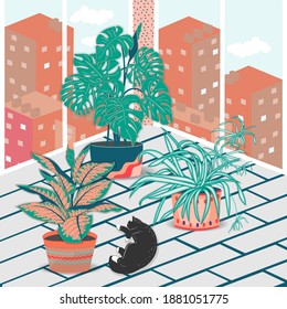 Plantas cubiertas y cuadros de color plano de gatos negros. Plantas realistas en olla beige y ventanas con vistas a la ciudad.