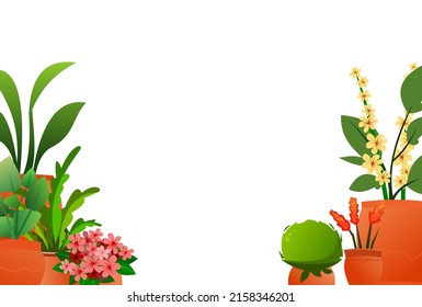 Indoor plants and flowers. In ceramic pots. Picture frame. Homemade beautiful herbs. Isolated on white background. Cartoon fun style. Vector.