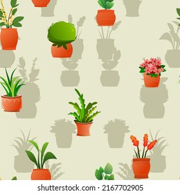 Indoor plants and flowers. In ceramic pots. Seamless pattern. Homemade beautiful herbs. Cartoon fun style. Vector