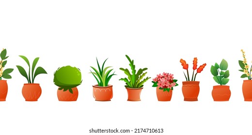 Indoor plants and flowers. In ceramic pots. Homemade beautiful herbs. Isolated on white background. Seamless horizontal composition. Cartoon fun style. Vector.