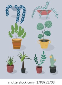 Indoor plants and flowers in pots. Landscaping at home. Decor for the apartment and garden. Cacti and succulents. Houseplants vector illustration. Home flowers.