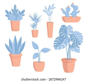 Indoor plants and flowers in pots. Landscaping at home. Houseplants design. Decor for the apartment and garden. Ornamental plants in pots. Gardening hobby. Vector isolated on white