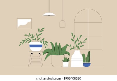 Plantas interiores y flores en macetas. Conjunto de cactus, plantas en macetas, plantadores, hojas tropicales en una acogedora sala. Ilustración vectorial de estilo plano.