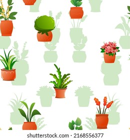 Plantas interiores y flores. Patrón sin foco. En macetas de cerámica. Hermosas hierbas caseras. Aislado sobre fondo blanco. Estilo divertido de caricatura. Vector.
