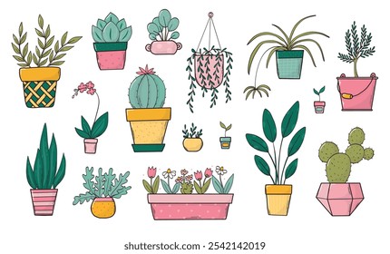 Indoor plants, home plants doodles, cartoon elements collection for planners, prints, stickers, cards, posters, banners, social media decor. EPS 10