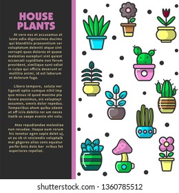 Indoor plants house plants and flowers in pot poster vector cactus and aloe tulip and mushroom violet blossom home greenery vegetation windowsill decor potted sprouts botany planting and growing.