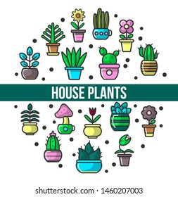 Indoor plants and house flowers in pot poster vector cactus and aloe tulip and mushroom violet blossom home greenery vegetation windowsill decor, potted sprouts botany planting and growing biology