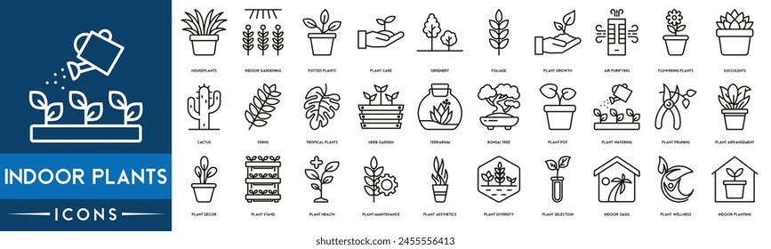 In: Indoor Plants Icon. Zimmerpflanzen, Innengärten, Topfpflanzen, Pflanzenpflege, Grün, Laub, Pflanzenwachstum und Luftreinigung Symbol