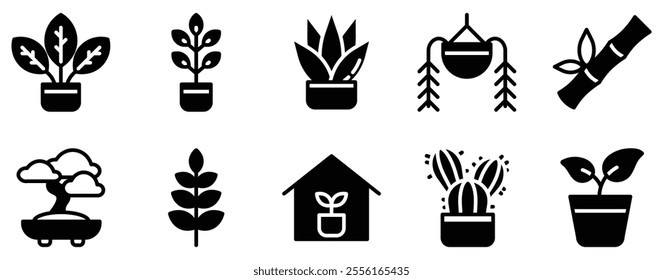 Indoor Plants Icon Set Fresh Solid Style Collection for Green Living Spaces