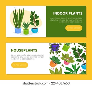 Indoor plants landing page templates set. Houseplants horizontal web banner, website cartoon vector