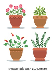 Indoor plants leafy with blossom in clay pots set. Flowers and blossoms vase for house decoration. Room natural adornment vector illustrations.