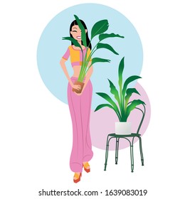 Indoor plants lover. Cute person surrounded by potted flowers. Beautiful woman with houseplants isolated on white background. Vector colour flat illustration.