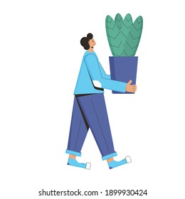 Indoor plants lover. Male person wearing in casual clothes holding in hands potted flower. People with houseplants. Vector color flat illustration.