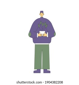 Indoor plants lover. Person wearing in casual clothes holding in hands potted flower. Man with houseplants. Vector color flat illustration.
