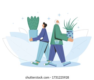 Amantes de las plantas interiores. Persona con ropa informal sosteniendo en las manos una flor machacada. Gente con plantas domésticas. Ilustración plana de color del vector.