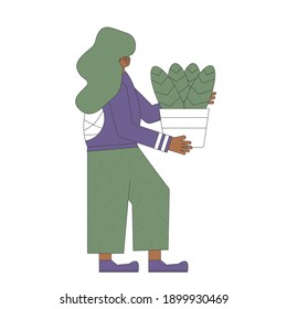 Indoor plants lovers. Person wearing in casual clothes holding in hands potted flower. People with houseplants. Vector color flat illustration.