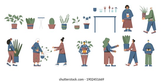 Indoor plants lovers. Person wearing in casual clothes holding in hands potted flower. People with houseplants. Vector color flat illustration.