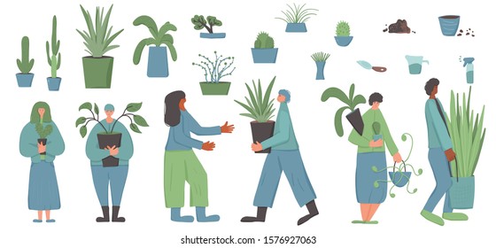 Indoor plants lovers set. Cute persons surrounded by potted flowers. Group of people with houseplants isolated on white background. Vector color flat illustration.