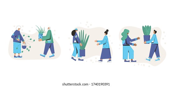 Indoor plants lovers sharing isolated on white background. Persons wearing in casual clothes holding in hands potted flower and going to swap. People with houseplants collection. Vector  flat 