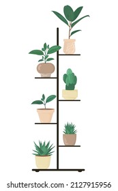 Indoor plants on the shelf, hand drawn style, green potted plants vector set.