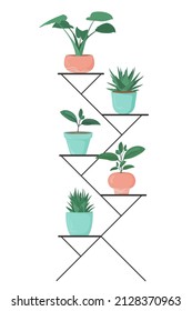 Indoor plants on the shelf, hand drawn style, green potted plants vector set.