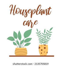  Indoor plants on the shelf. Poster care for indoor plants. Houseplant care. Vector illustration in a flat style.