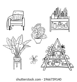 Plantas interiores en un estrado, un conjunto de elementos del jardín interior. Borde negro sobre objetos blancos aislados en forma de doodle, vector.