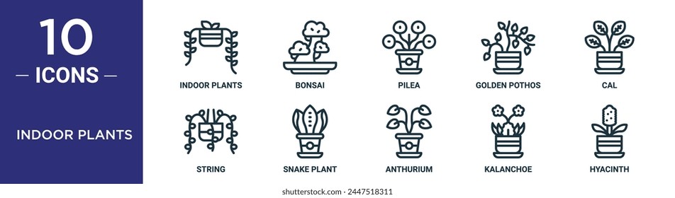 indoor plants outline icon set includes thin line indoor plants, bonsai, pilea, golden pothos, cal, string, snake plant icons for report, presentation, diagram, web design