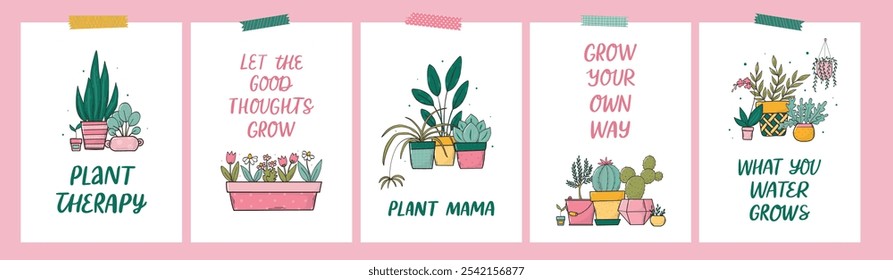 Indoor plants posters, banners, cards decorated with doodles and lettering quotes. Home plants compositions, hygge prints. EPS 10