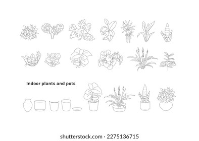 indoor plants in pot line drawing, Minimal style, Side view, set of graphics trees elements outline symbol for architecture and house decorate. Vector illustration