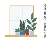 Indoor plants in a pot on the window. House plants stand on the windowsill. Vector illustration.Flat style. Modern plants in pots.