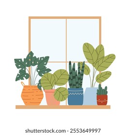 Indoor plants in a pot on the window. House plants stand on the windowsill. Vector illustration.Flat style. Modern plants in pots.