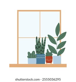 Indoor plants in a pot on the window. House plants stand on the windowsill. Vector illustration.Flat style. Modern plants in pots.