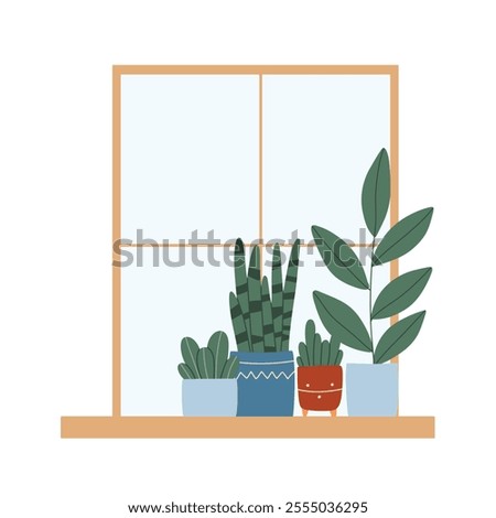 Indoor plants in a pot on the window. House plants stand on the windowsill. Vector illustration.Flat style. Modern plants in pots.