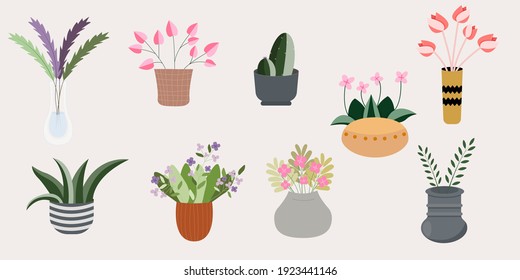 Indoor plants in pots and vases в векторе. Beautiful handwork, set of isolated vector elements. Home decor and gardening. Floristic concept. Indoor botany. Elements of modern design. Home flowers.