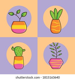 Indoor plants in pots. Vector illustration. Decorative green houseplants in pots. Natural home decor. Perfect for web, card, poster, cover, tag, sticker kit.