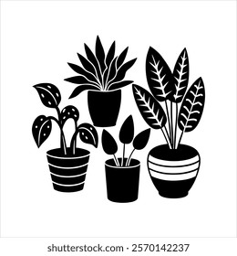 Indoor plants in a pots vector silhouette black and white