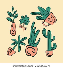 Conjunto de plantas de interior Ilustración dibujada a mano Colores retro Macetas Artículos para el diseño