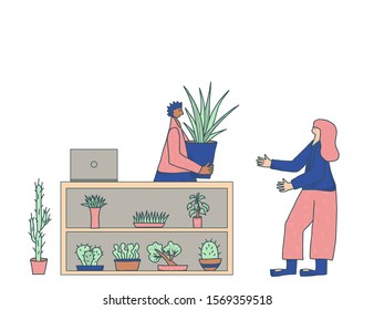 Indoor plants shop. Sale of potted house plants. Sell  houseplants isolated on white background. Small business concept. Owner of flowers store giving a pot to a customer. Vector illustration.