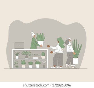 Indoor plants shop. Sale of potted house plants. Seller houseflowers with his clients. Small business concept. Owner of flowers store giving a pot to a customer. Vector flat illustration.